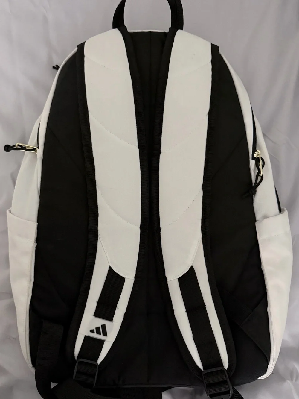 adidas White and Black Logo Men's Backpack with Gold Zippers